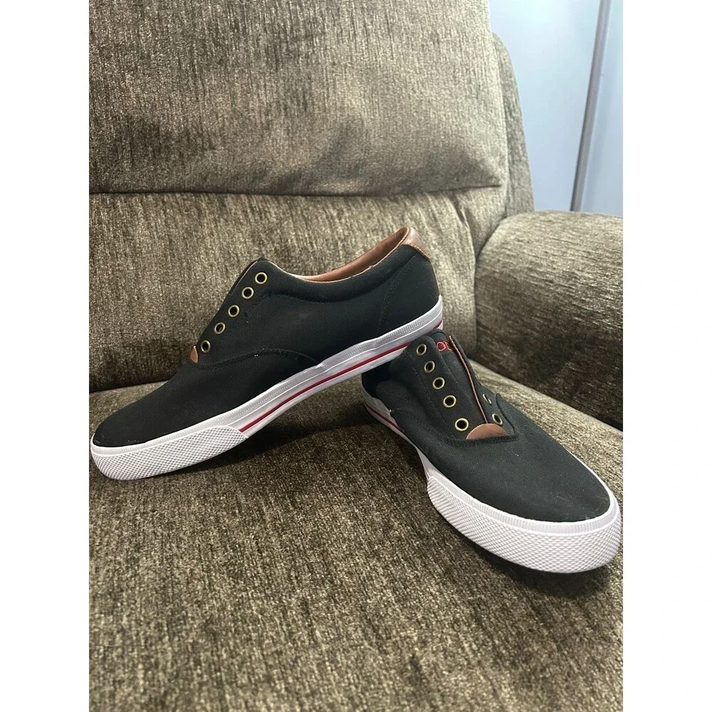 Polo Ralph Lauren Men's Vito Black Canvas Red Logo Casual Laceless Sneaker 11